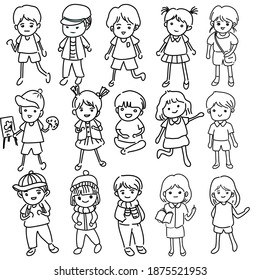 Vector del conjunto de doodles para niños y niñas. Divertido niño de caricaturas aislado en diferentes poses.