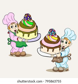 vector boy and girl dressed as a chef holding a large cake
