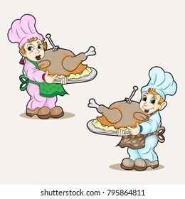 vector boy and girl dressed as a chef holding a large Turkey