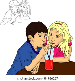 vector - boy and girl drinks orange together