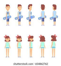 Vector boy and girl. Front, side, back view animated characters. Cartoon style, flat vector illustration.