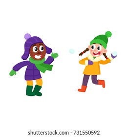 vector boy and girl having fun with snow outdoors. Flat cartoon isolated illustration on a white background. Kid plays with snowball smiling. Winter children activity concept