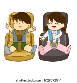 Vector of boy and girl sitting on car seat wearing seat belt