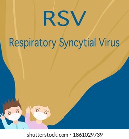 Vector - Niño y niña con la frase RSV (Virus respiratorio sincicial) sobre fondo azul oscuro. Gripe por brote de temporada. Enfermedades de los niños. Concepto de salud.