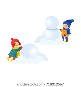vector boy and girlhaving fun with snow outdoors. Flat cartoon isolated illustration on a white background. Kids makes big snowball for snowman smiling. Winter children activity concept