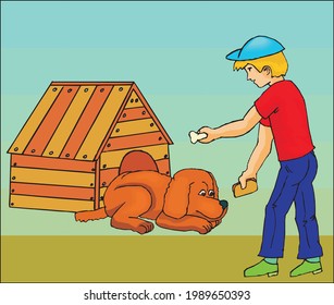 vector of boy giving bone to dog