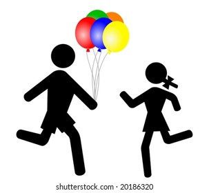 Vector of a boy giving a girl a bunch of brightly coloured balloons