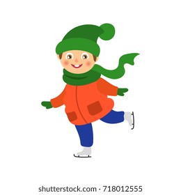 vector boy having fun racing ice skates outdoors. Flat cartoon isolated illustration on a white background. Kid plays smiling. Winter children activity concept