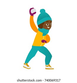 vector boy having fun with snow outdoors. Flat cartoon isolated illustration on a white background. Kid plays in snowball smiling. Winter children activity concept