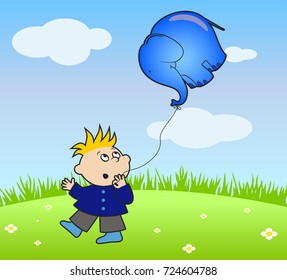 Vector boy holding a ball in the form of an elephant in his hand