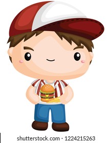 a vector of a boy holding a burger and fries