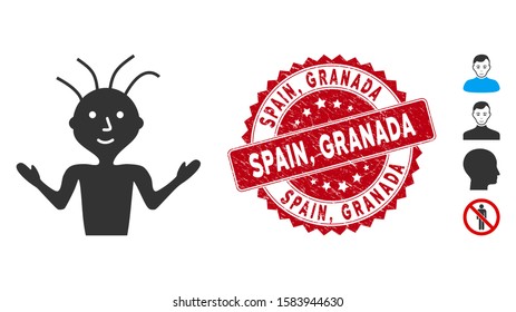 Vector boy icon and distressed round stamp seal with Spain, Granada caption. Flat boy icon is isolated on a white background. Spain, Granada stamp seal uses red color and distress texture.