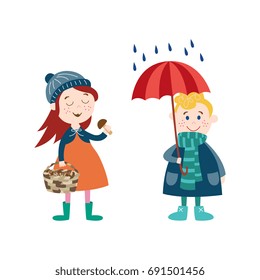 vector boy keeping umbrella under the rain, girl collecting mushroom in basket wearing autumn clothing set, cartoon isolated illustration on a white background Autumn activity kids concept