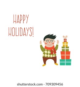 vector boy makes pyramid from present boxes with smile on his face, happy holidays inscription . Flat illustration on a white background. Christmas, new year birthday gift concept
