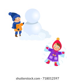 vector boy making big snowball, girl lying in snow making snow angel set. Flat cartoon illustration isolated on a white background. Winter children activity concept