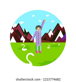 Vector boy or man grazing geese on the green grass in the mountains under blue sky in round sircle