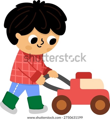 Vector boy mowing grass with mover. Cute kid gardener clipart. Funny child doing gardening works. Nature illustrations with children. Spring or summer country icon
