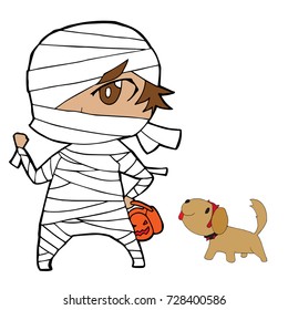 vector of boy in mummy character for halloween cosplay with devil dog on white background. Trick or treat.