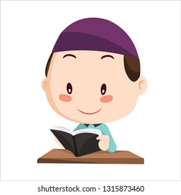 Vector - boy muslim kid. boy muslim character reading a book.