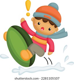 a vector of a boy on a snow sled