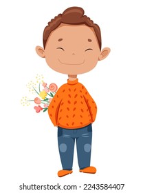 Vector boy in an orange sweater and jeans, hiding a bouquet of flowers behind his back. The child is preparing to give flowers to a girlfriend, mother, aunt, grandmother.