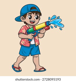 Vector de un niño jugando con una pistola de agua para celebrar la tradición Songkran.
