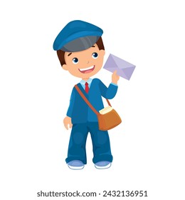 Vector boy postman dressed in a blue uniform holds a letter in his hand