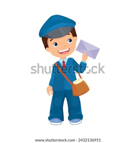 Vector boy postman dressed in a blue uniform holds a letter in his hand