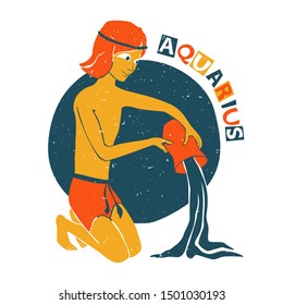 Vector boy pouring water from a jug. Aquarius boy original design. Can be used for poster, greeting card, birthday party, invitation. Vector illustration