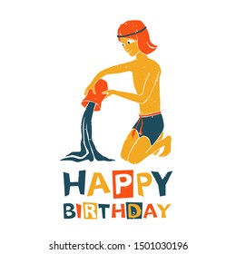 Vector boy pouring water from a jug. Aquarius boy original design. Can be used for poster, greeting card, birthday party, invitation. Vector illustration