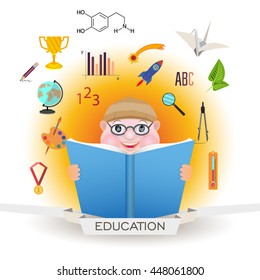 Vector boy reading a book, surrounded by icons that represent the different areas of knowledge
