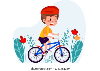 Vector boy riding bike among flowers on webstyle background. Summer children outdoor activities. Kid riding bicycle on summer outside.