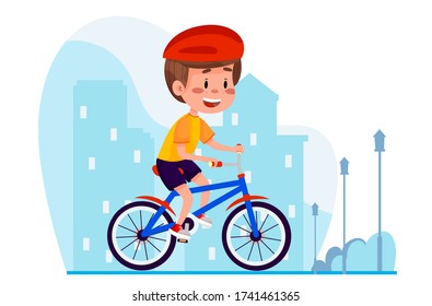 Vector boy riding bike in town on webstyle background. Summer children outdoor activities. Kid riding bicycle on summer outside.