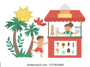 Vector boy running to ice cream stall. Flat tropical beach illustration with funny kid, sun, palm trees, parrot, ice-cream stand. Cute summer concept for kids