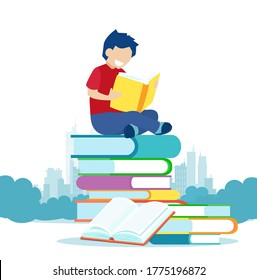 Vector of a boy sitting on a pile of books and reading 