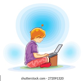vector boy sitting play laptop