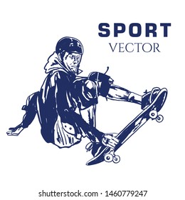 Vector boy with skateboard. Hand drawn illustration of a skateboarder. Skater Vector Sketch