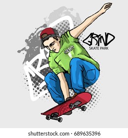 Vector boy with a skateboard. Hand drawn illustration of skateboarder 5