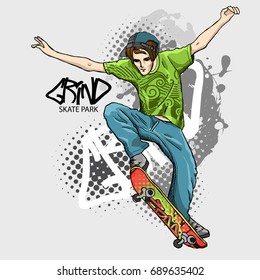 Vector boy with a skateboard. Hand drawn illustration of skateboarder 5