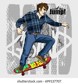 Vector boy with a skateboard. Hand drawn illustration of skateboarder 4