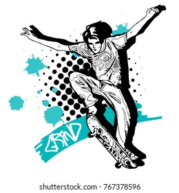 Vector boy with a skateboard. Hand drawn illustration of skateboarder 4