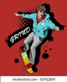 Vector boy with a skateboard. Hand drawn illustration of skateboarder 3