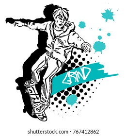 Vector boy with a skateboard. Hand drawn illustration of skateboarder 2