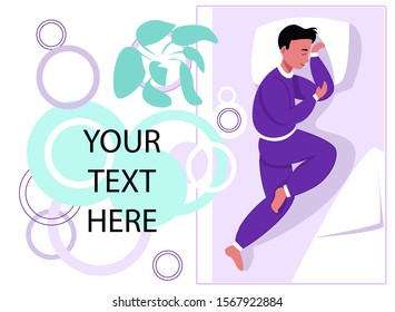 Vector boy sleeping in bed. On left side are depicted abstract elements, which means process sleep. There is space for text here. It can be used for web design, business cards, leaflets, banners, etc