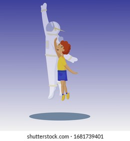 Vector boy with a spacesuit wants to become an astronaut and tries to fly into space