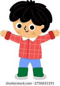 Vector boy standing with stretched arms. Cute happy kid clipart. Funny joyful child in a red t-shirt, jeans and green rubber boots. Nature illustrations with children
