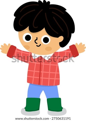 Vector boy standing with stretched arms. Cute happy kid clipart. Funny joyful child in a red t-shirt, jeans and green rubber boots. Nature illustrations with children
