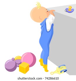 vector boy stands on tiptoe and tries to get into the drawer