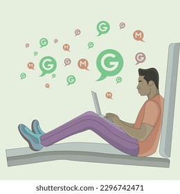 vector a boy surf social media using a laptop  flat design