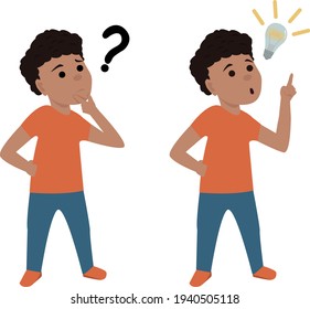 Vector of a boy thinking and then having an idea.